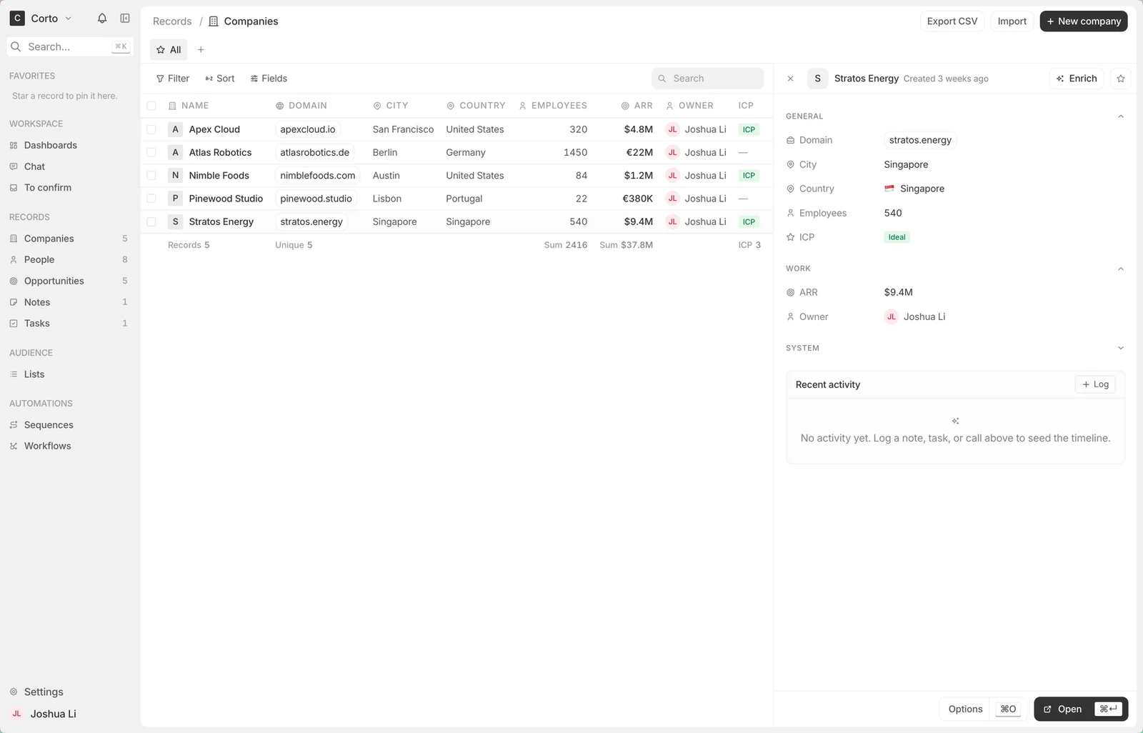 Corte — CRM records workspace