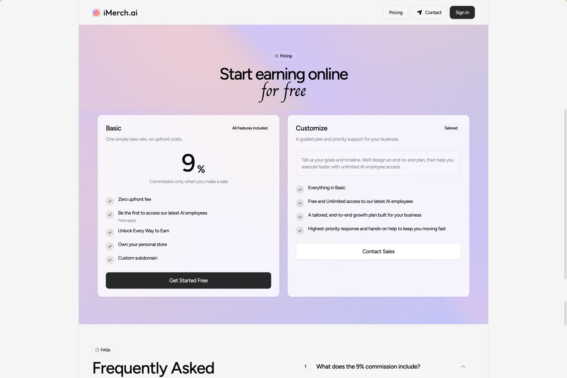 iMerch.ai — pricing page