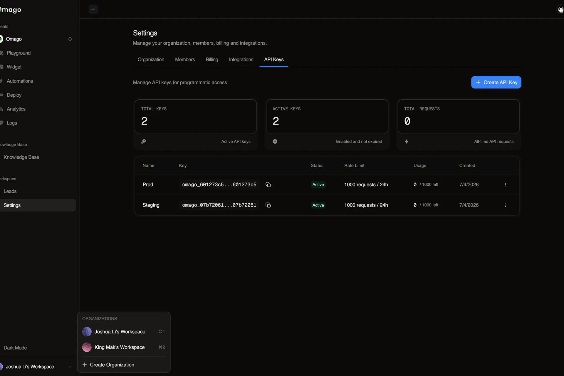 Omago — settings, dark mode