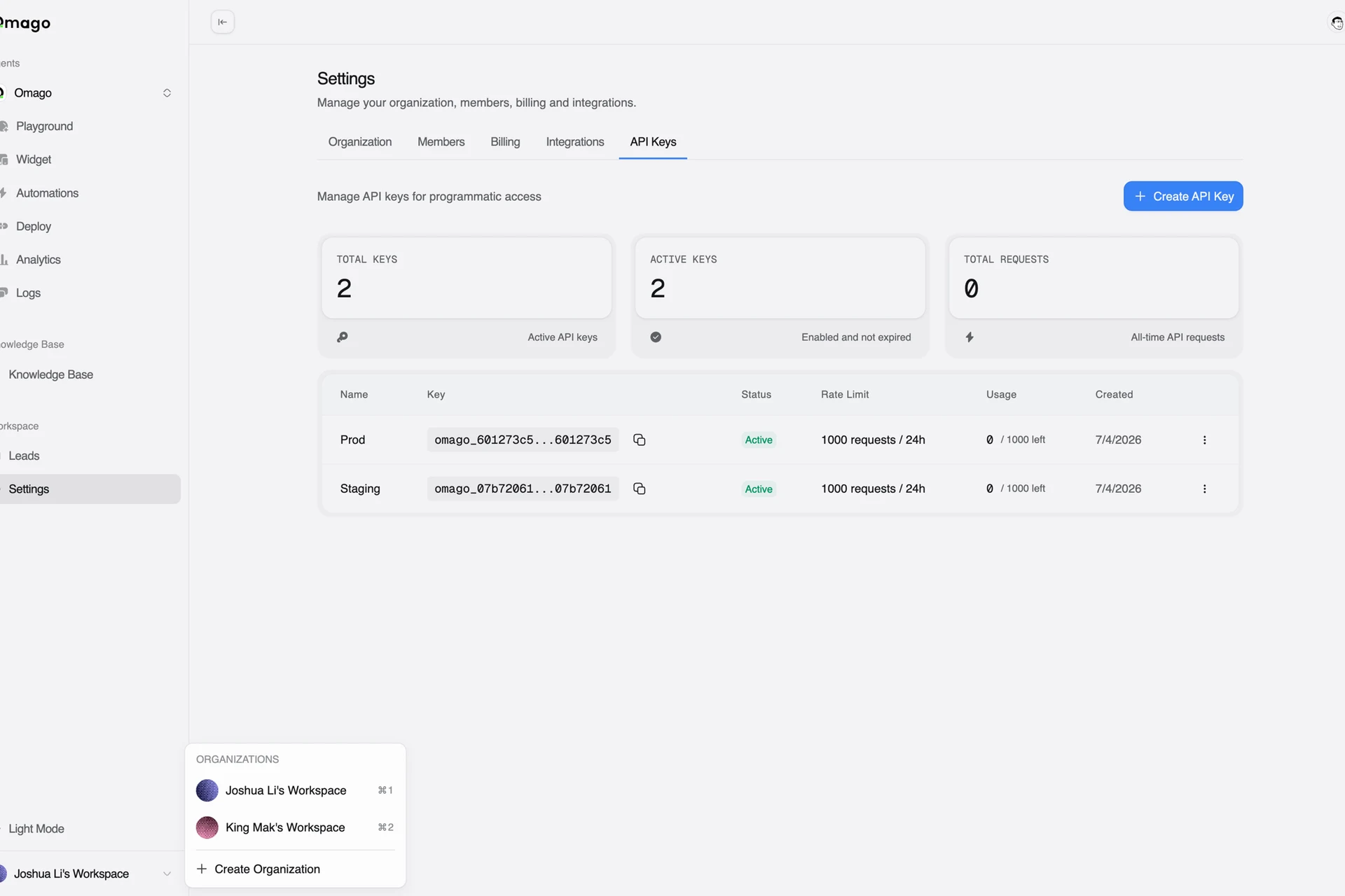 Omago — settings and API keys