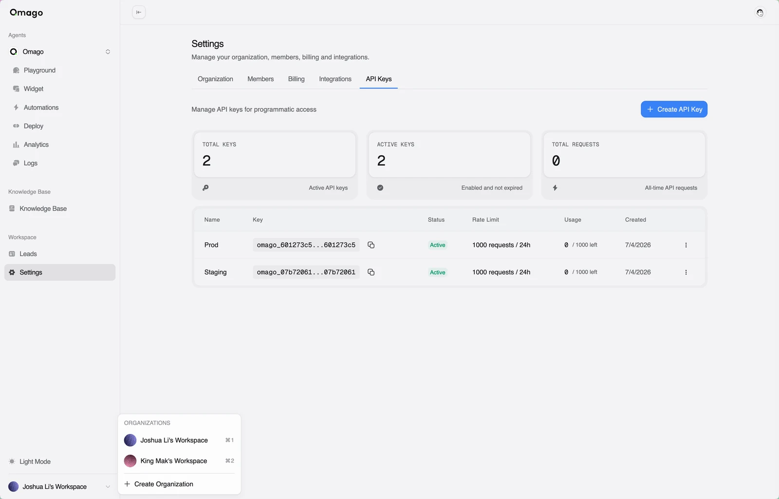Omago — settings and API keys dashboard